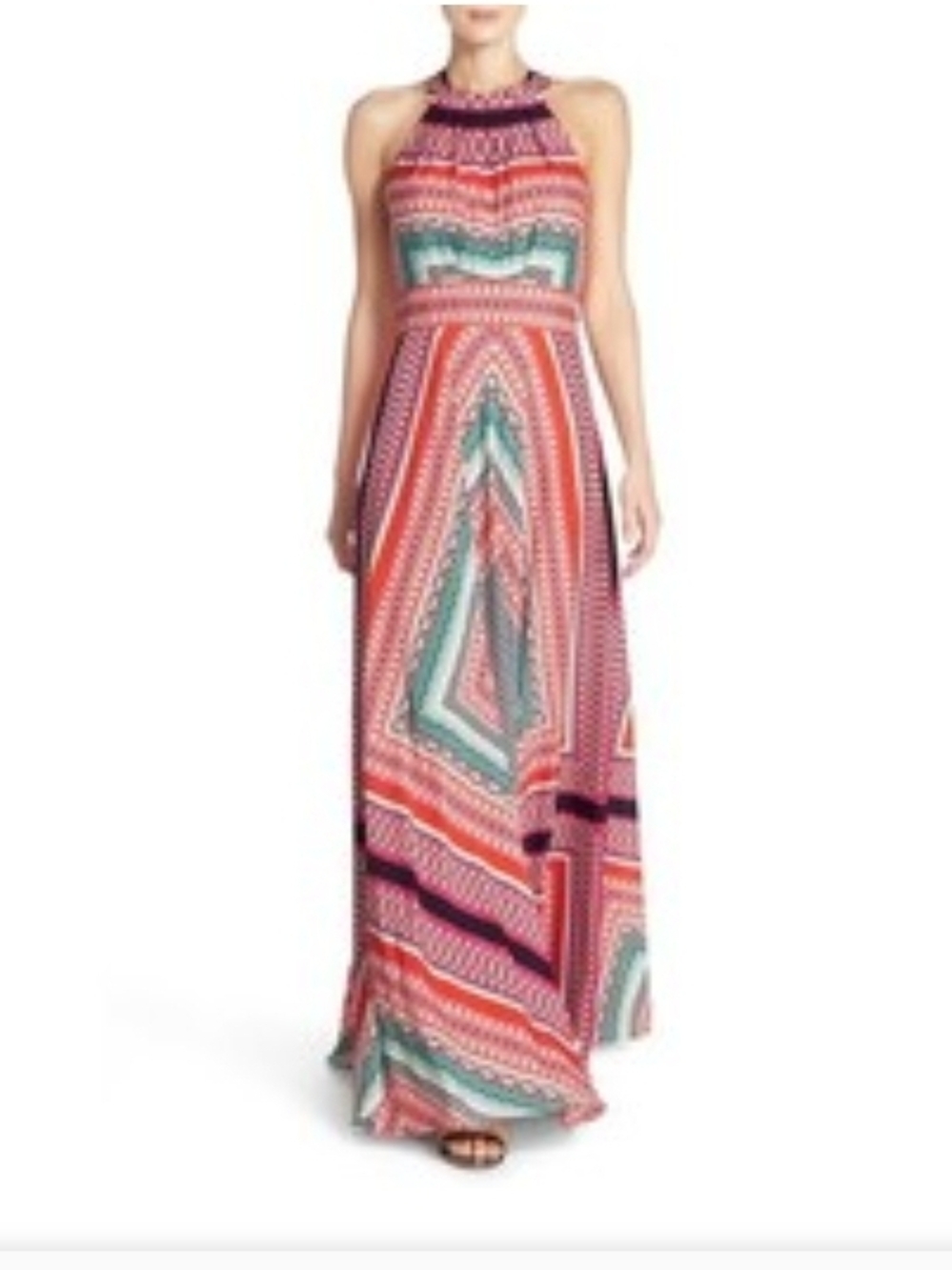 Eliza J Multicolor Halter Maxi Dress with Coral, Teal and Purple 12 Petite
